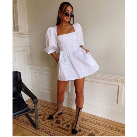 NWT WeWoreWhat Danielle Bernstein Faux Corset Bodice Puff Sleeve Mini Dress 2 - Picture 1 of 9